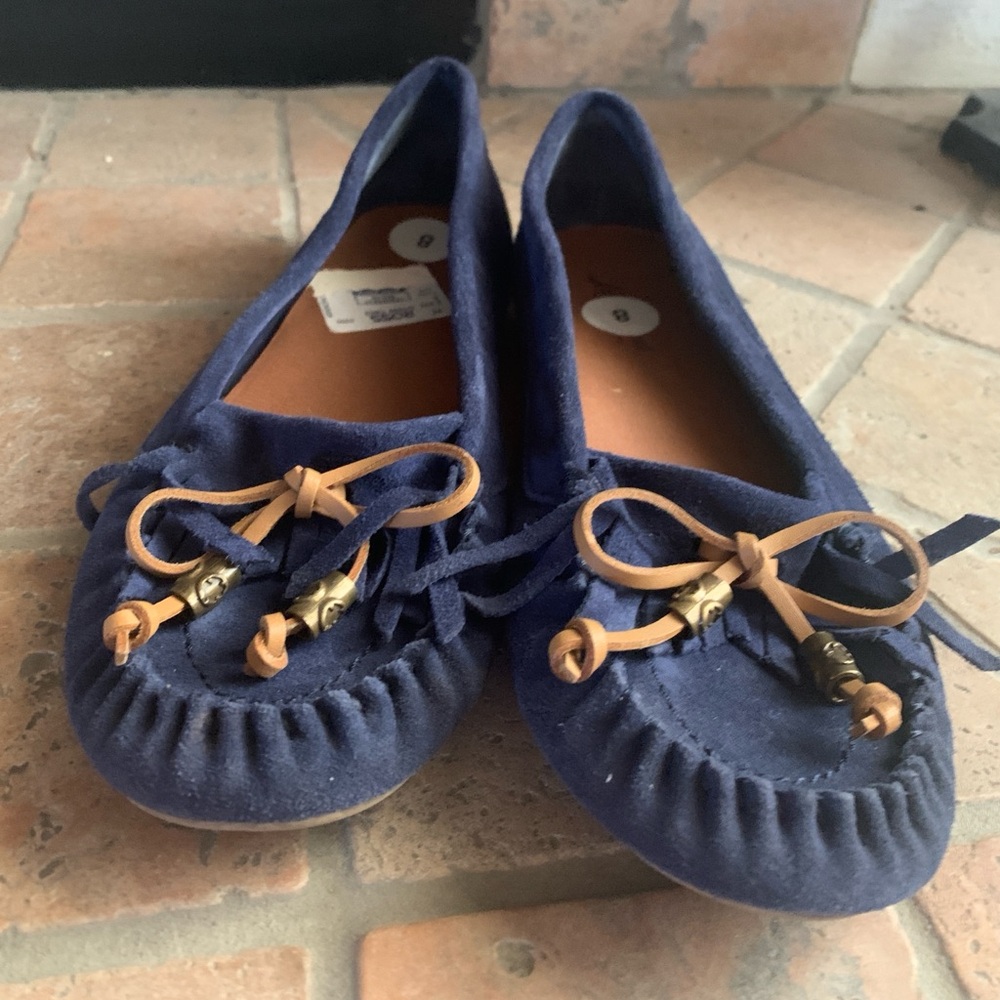 Lucky Brand Aimee Blue Suede Moccasins with Tan Accents